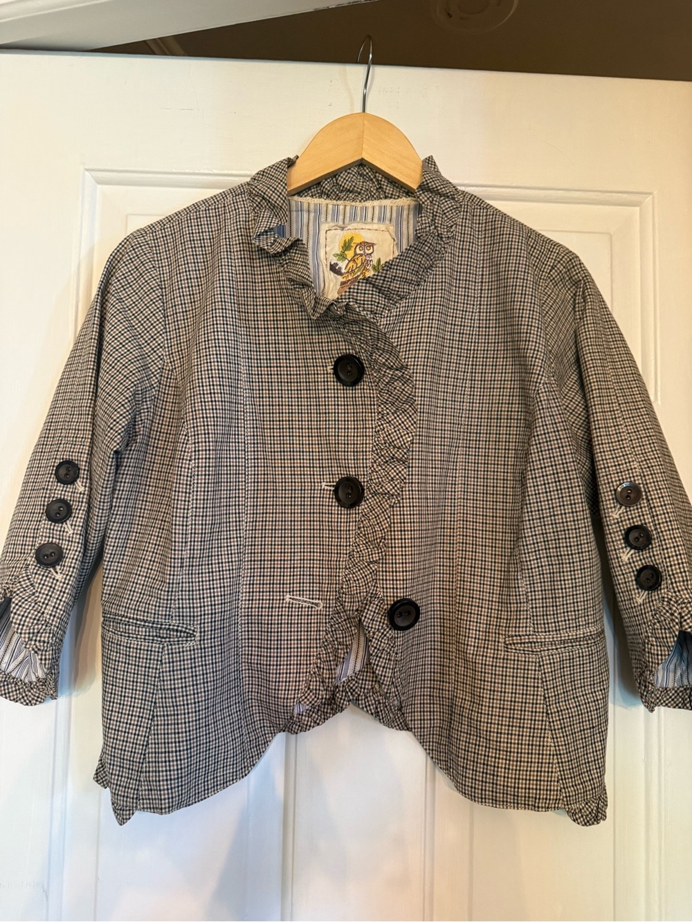 Nick & Mo Cropped Black, Tan & Off White Check Jacket with Ruffle Trim